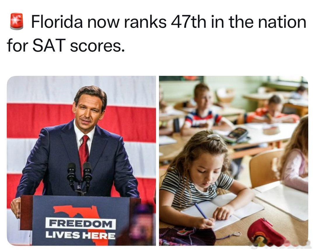 佛罗里达州SAT（美国大学理事会举办的本科入学考试）成绩，在全美五十个州里，排名
