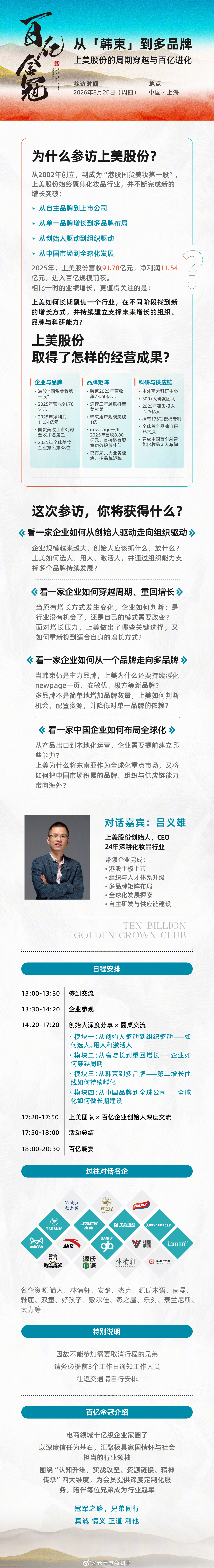 本月20号我带一群几十亿级 上百亿级老板走访上美集团，聆听 上美集团创始人、韩束
