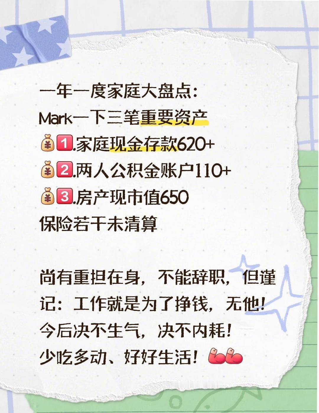 存款是普通人起码的安全感和底气
一年一度家庭大盘点：
Mark一下三笔主要资产