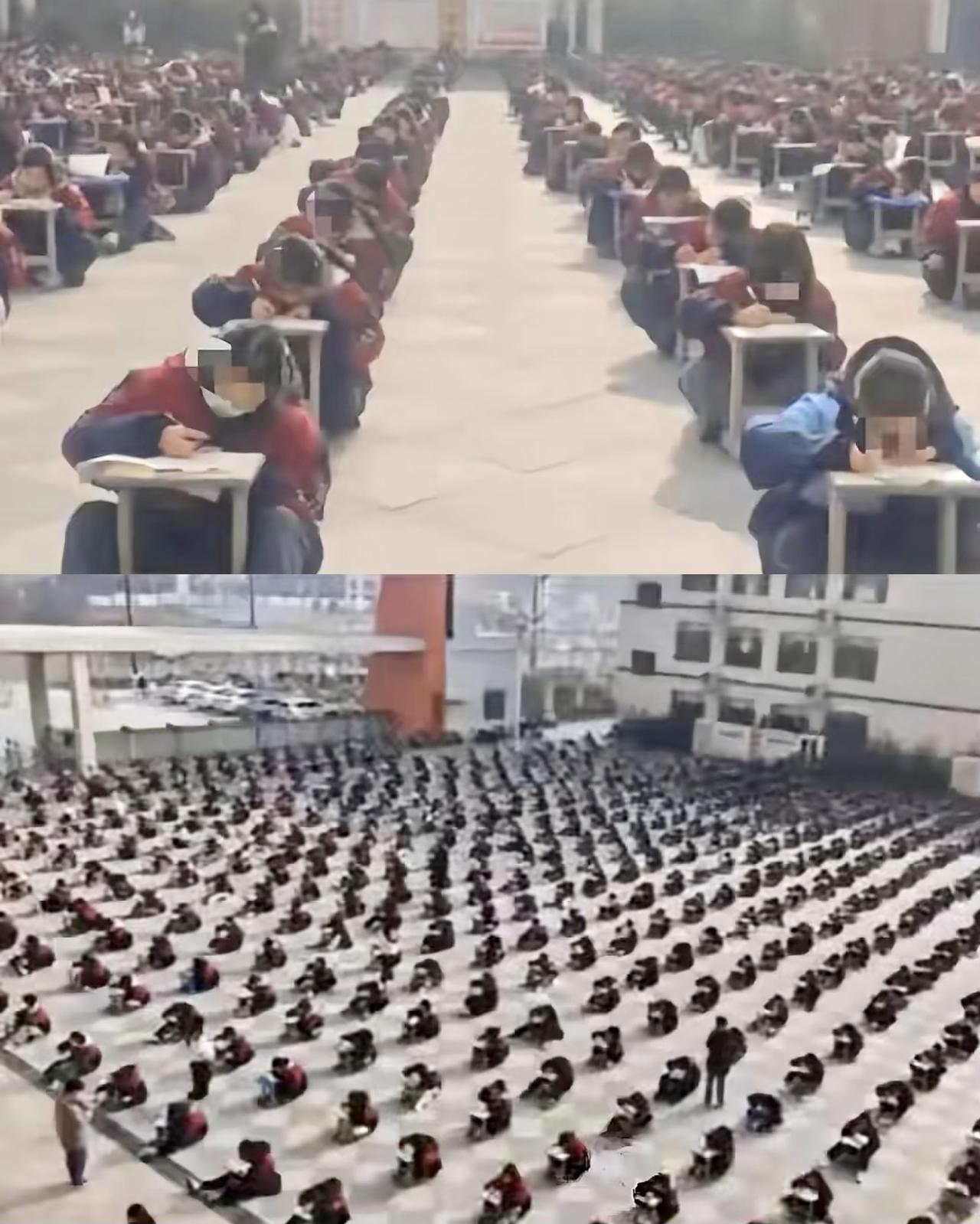 风向真的要变，河南周口淮阳区翰林高中组织几百名学生“寒风中”坐在操场考试，不但没