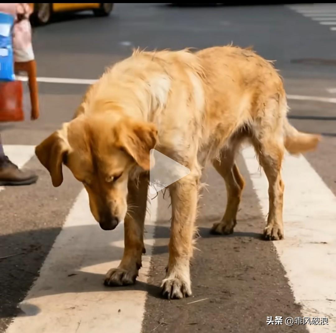今天早上我去卖菜，瞧见一只黄狗耷拉着脑袋，没精打采地在斑马线上缓缓走着。它那模样