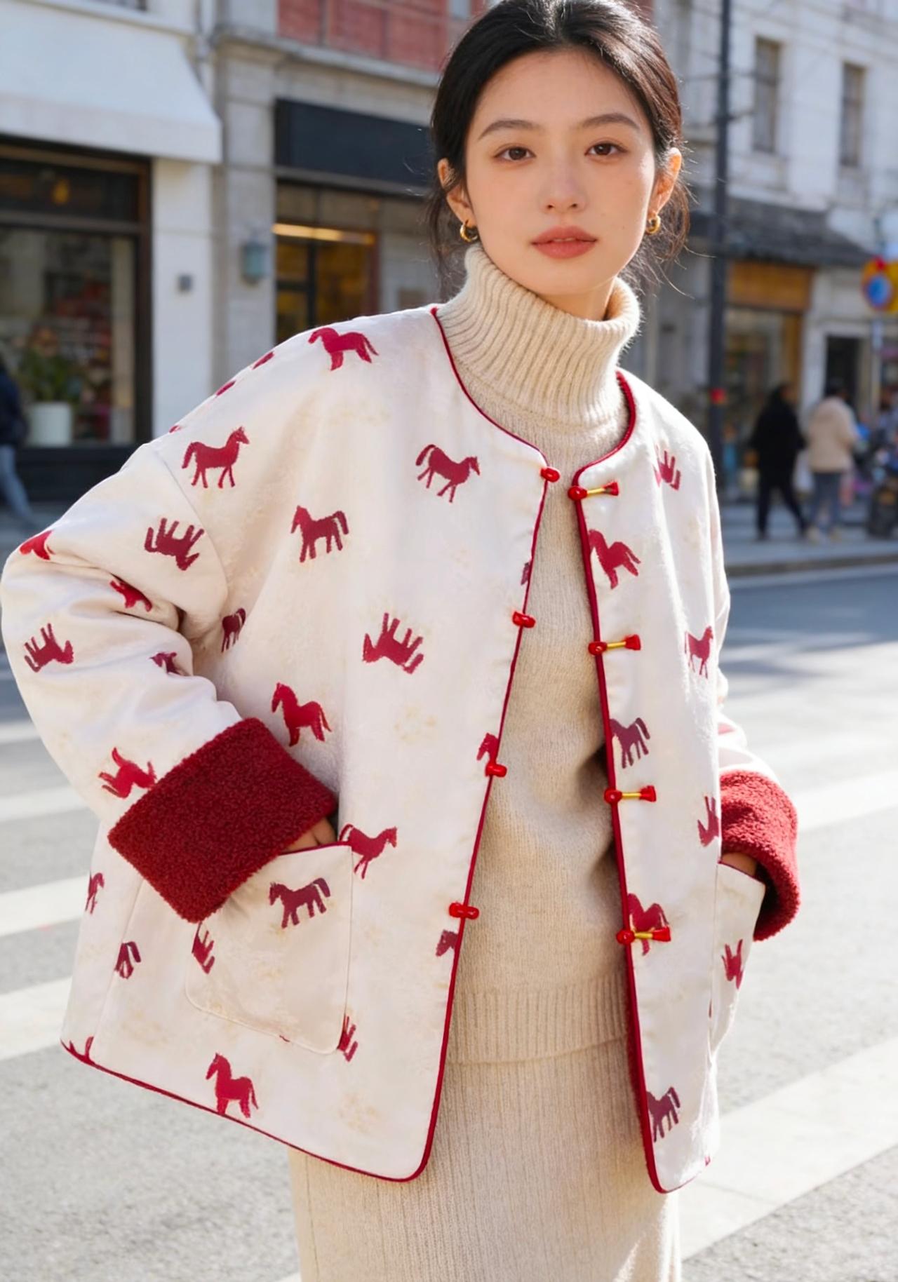 穿搭风格系列/马年吉祥，马年的衣服，衣服配上奔腾的骏马图案，看上去非常的应景还很