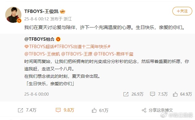 今天0点整，发博庆祝#TFBOYS十二周年#：时间周而复始，让我们把所拥有的时光
