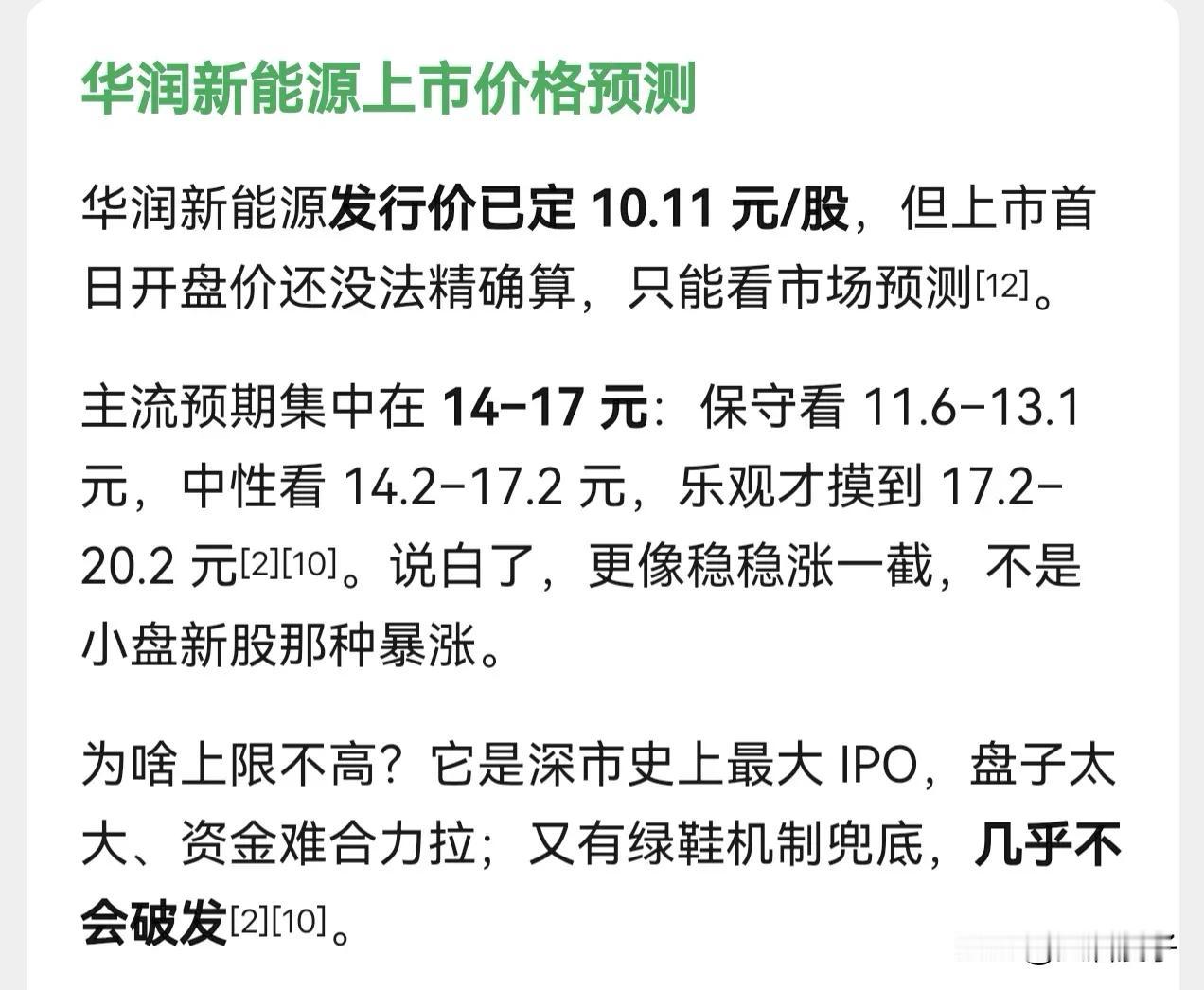 朋友们，明天深交所新股华润新能源就要上市了，大家预测多少开盘呢？

人工智能保守