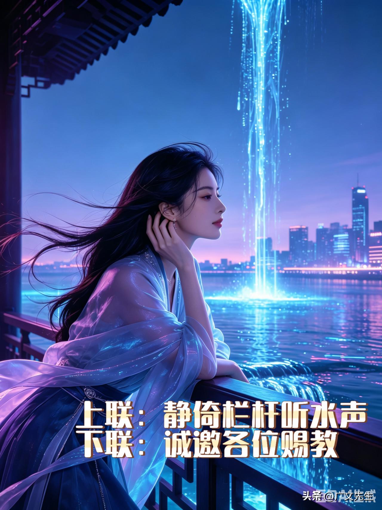 琢磨好几天了，上联：静倚栏杆听水声，一直在心头搁着。
自己来回瞎琢磨，拟了好几副