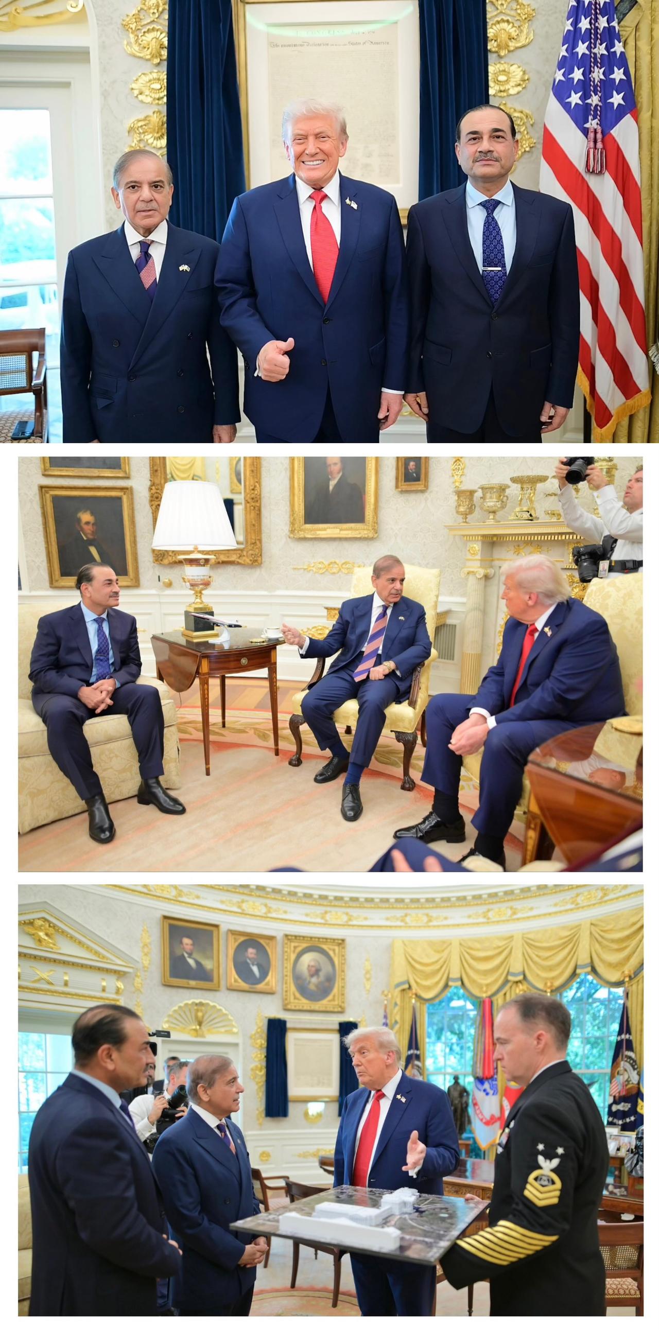 美国总统唐纳德·特朗普在白宫会见巴基斯坦总理夏巴兹·谢里夫及陆军参谋长尼尚-伊-