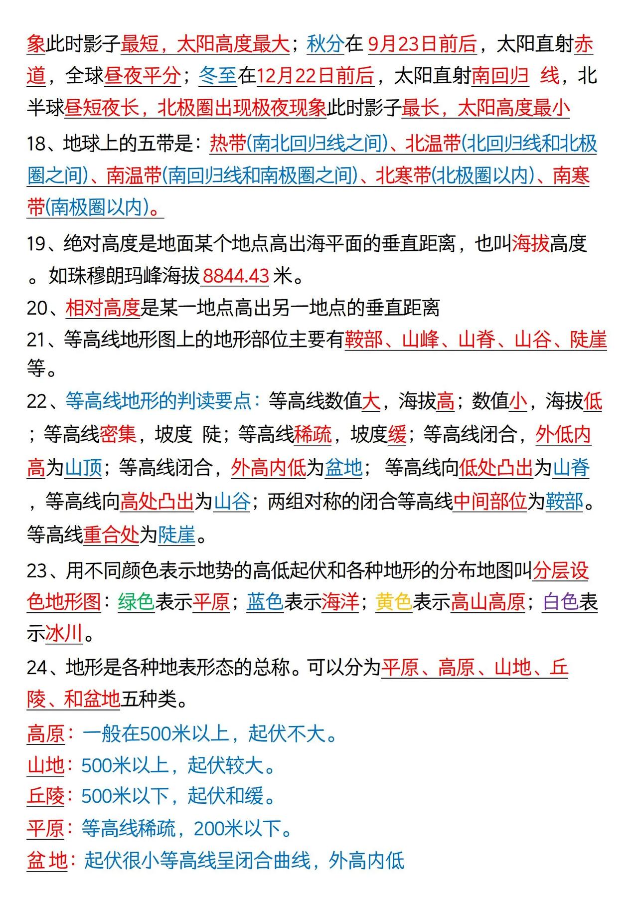 七年级上册地理50个高频考点