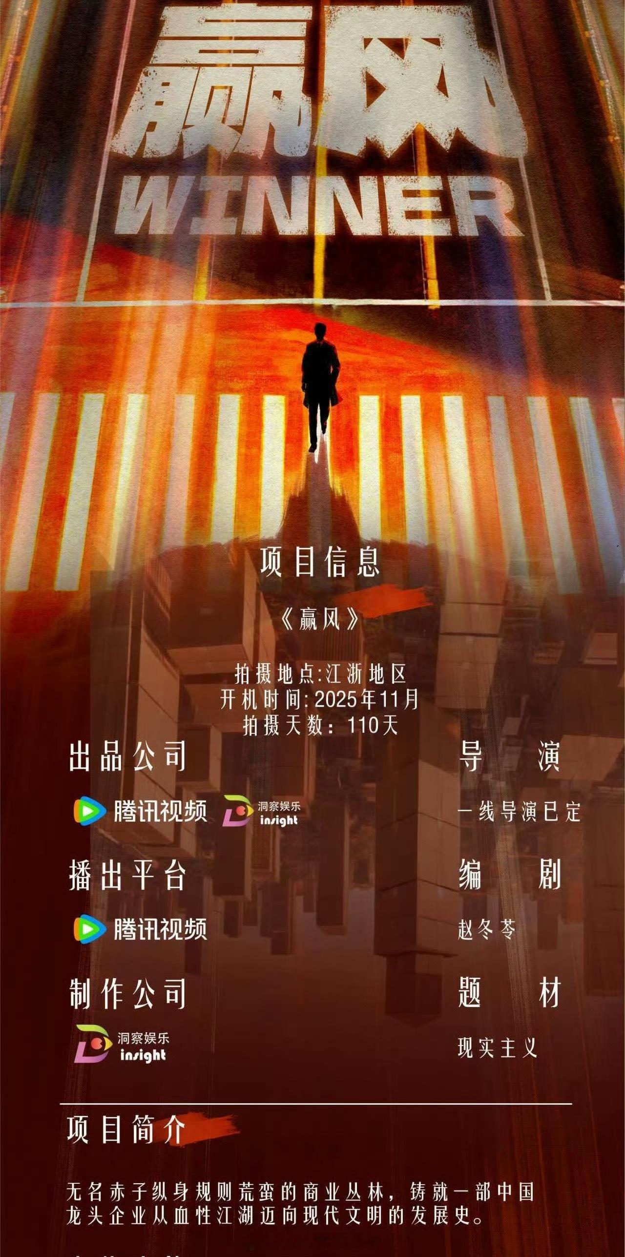 腾讯剧集《赢风》主演：黄景瑜开机时间：2025年9月初‍编剧：赵冬苓 ​​​