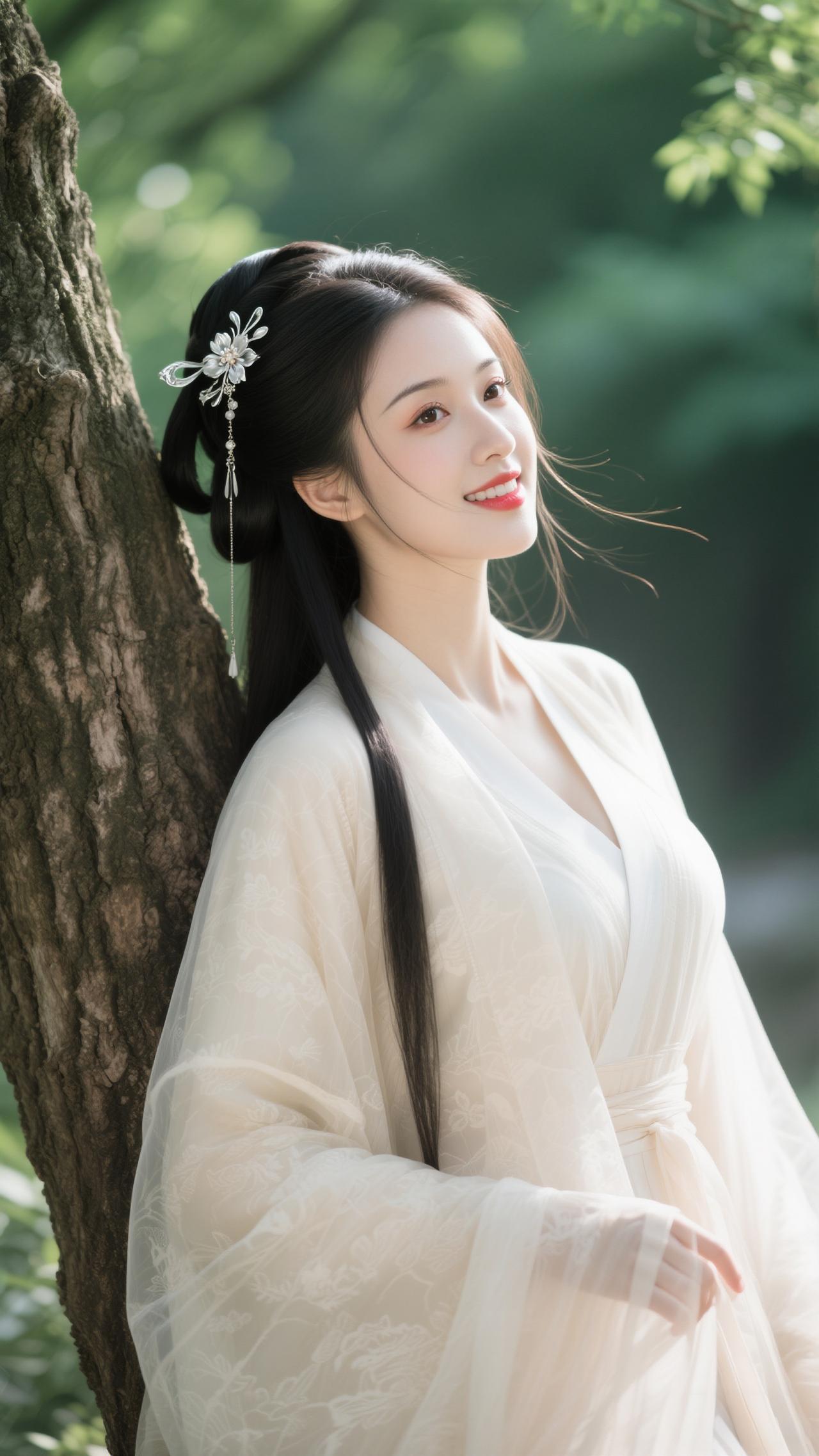 浣溪沙·春树佳人
软翠裁烟覆浅妆，云鬟斜坠玉琳琅。风丝轻曳鬓边香。
素袂沾光春澹