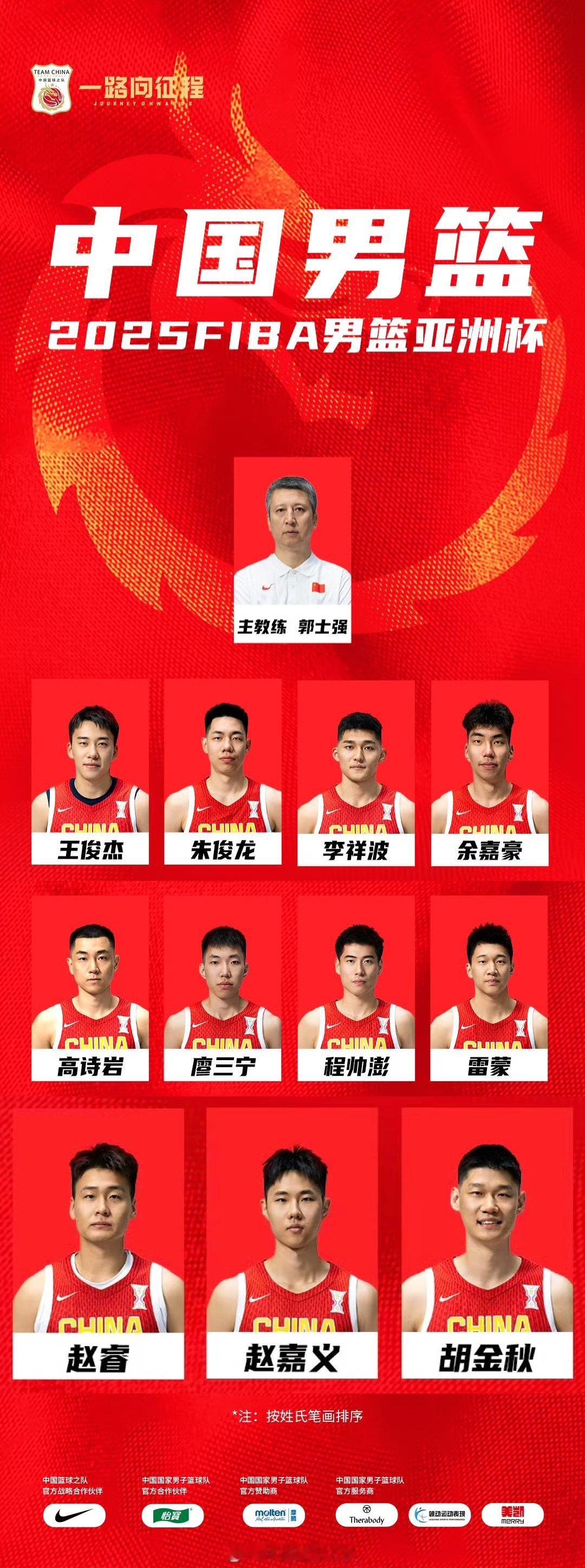 中国男篮官方宣布亚洲杯大名单：后卫：高诗岩、廖三宁、程帅澎、赵睿、等锋线：王俊杰