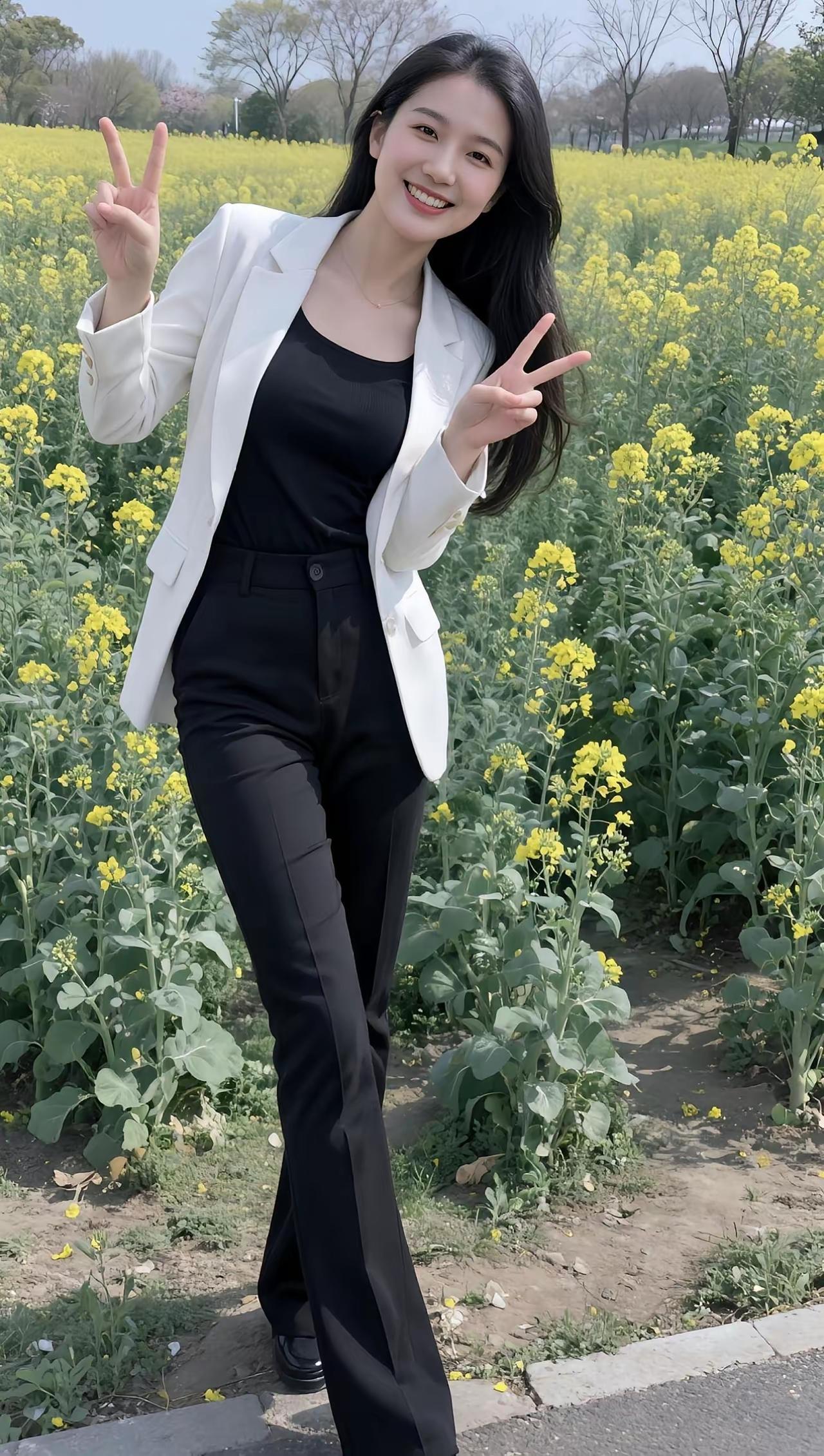 春日花田里的时尚女孩，白色西装外套搭配黑色裤装，比出胜利手势，元气满满！🌸💃