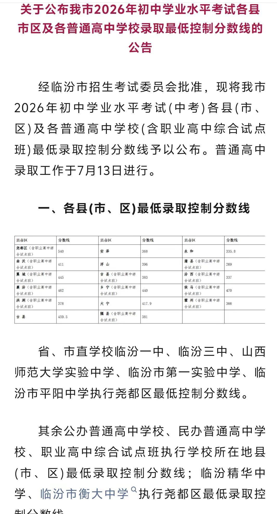 2026临汾中考分数线来了！！！中考公布时间 中考相关信息 中考招生政策解读 中
