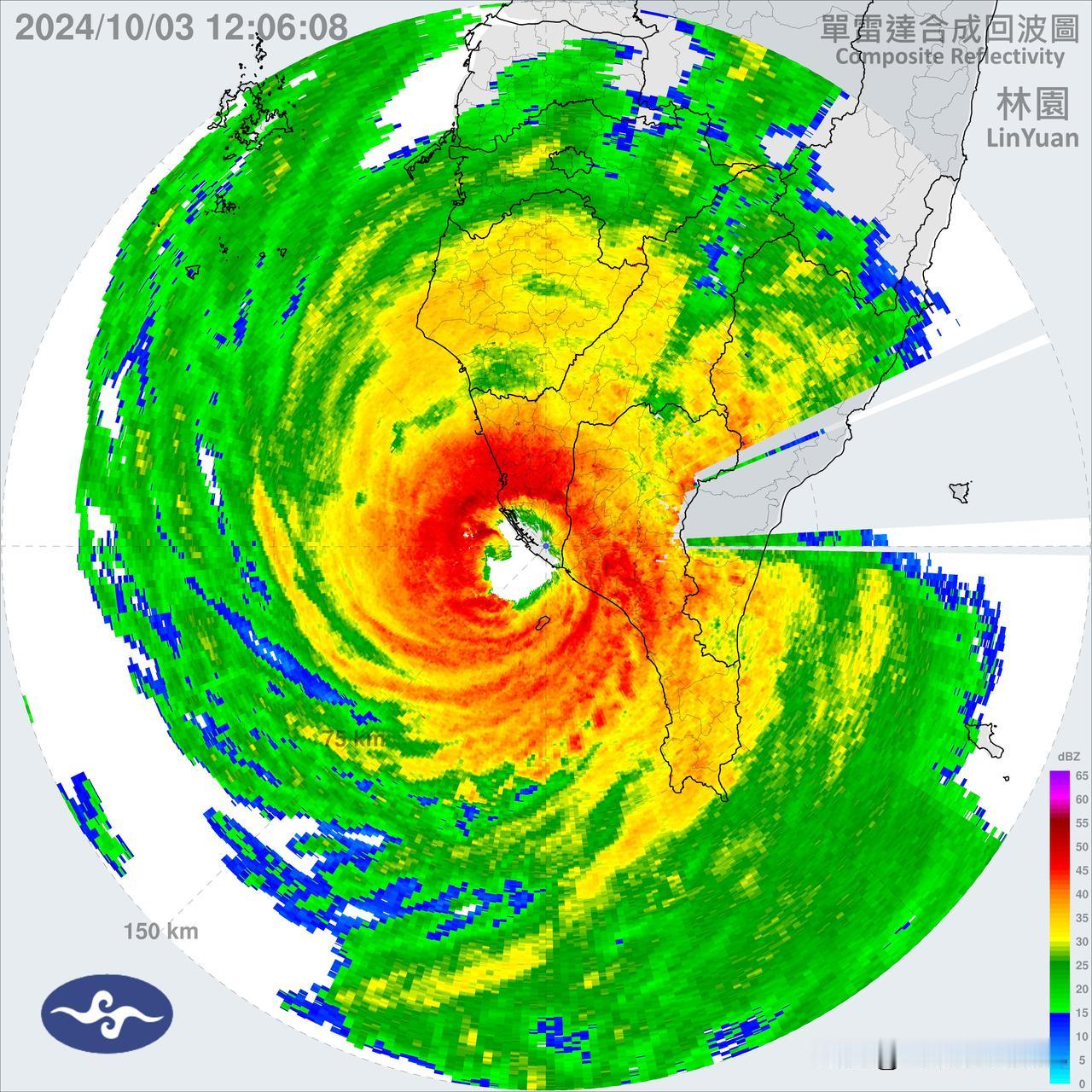 中午12点，台风山陀儿正在高雄市沿海一带登陆，东侧和北侧眼墙已完全上岸。由于山陀