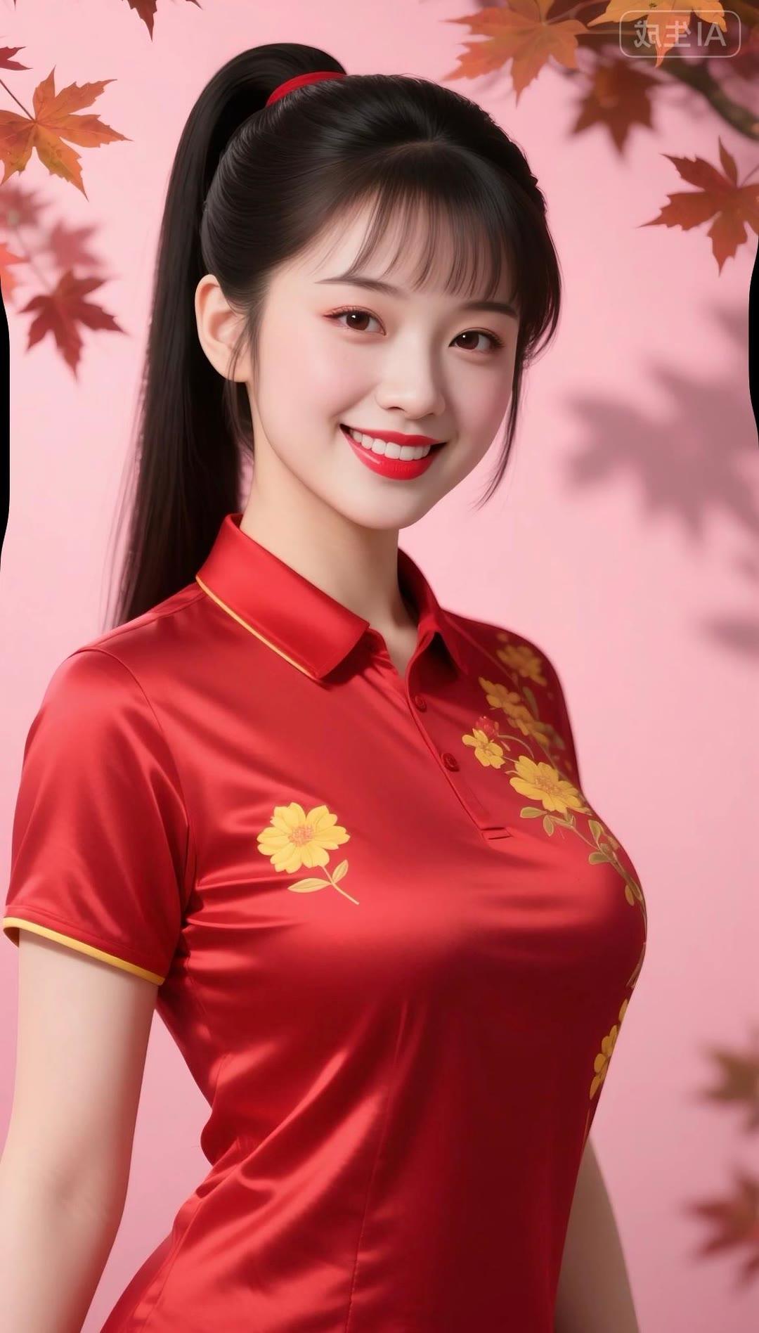 红衣美人笑，秋叶映芳颜。