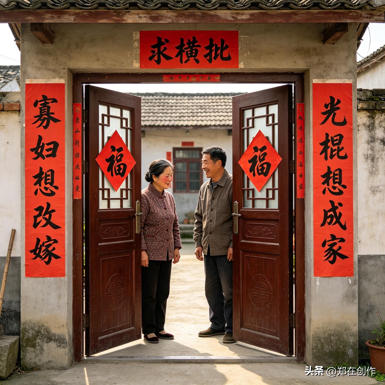 上联“寡妇想改嫁”，下联“光棍想成家”，两句直白朴素，道尽寻常人对安稳生活的期盼
