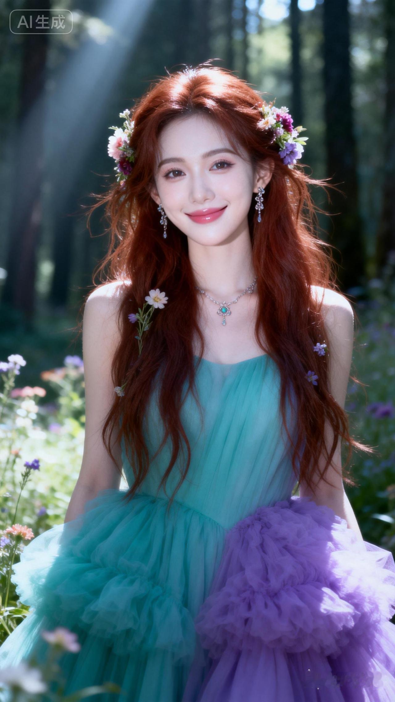 森林中的梦幻少女，红发与蓝紫裙的完美搭配，宛如童话中的公主。