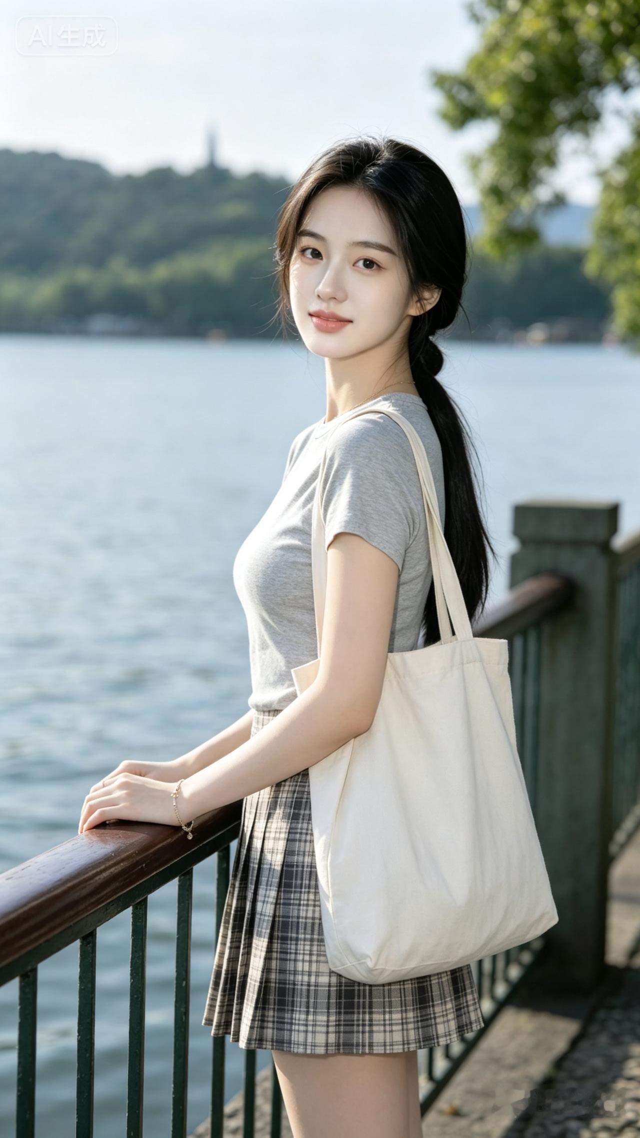 姑娘靠湖边，风景美如画。