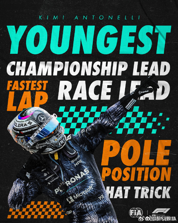 安东内利是 F1 历史上达成以下全部成就最年轻的车手：领跑积分榜、最快单圈、领跑