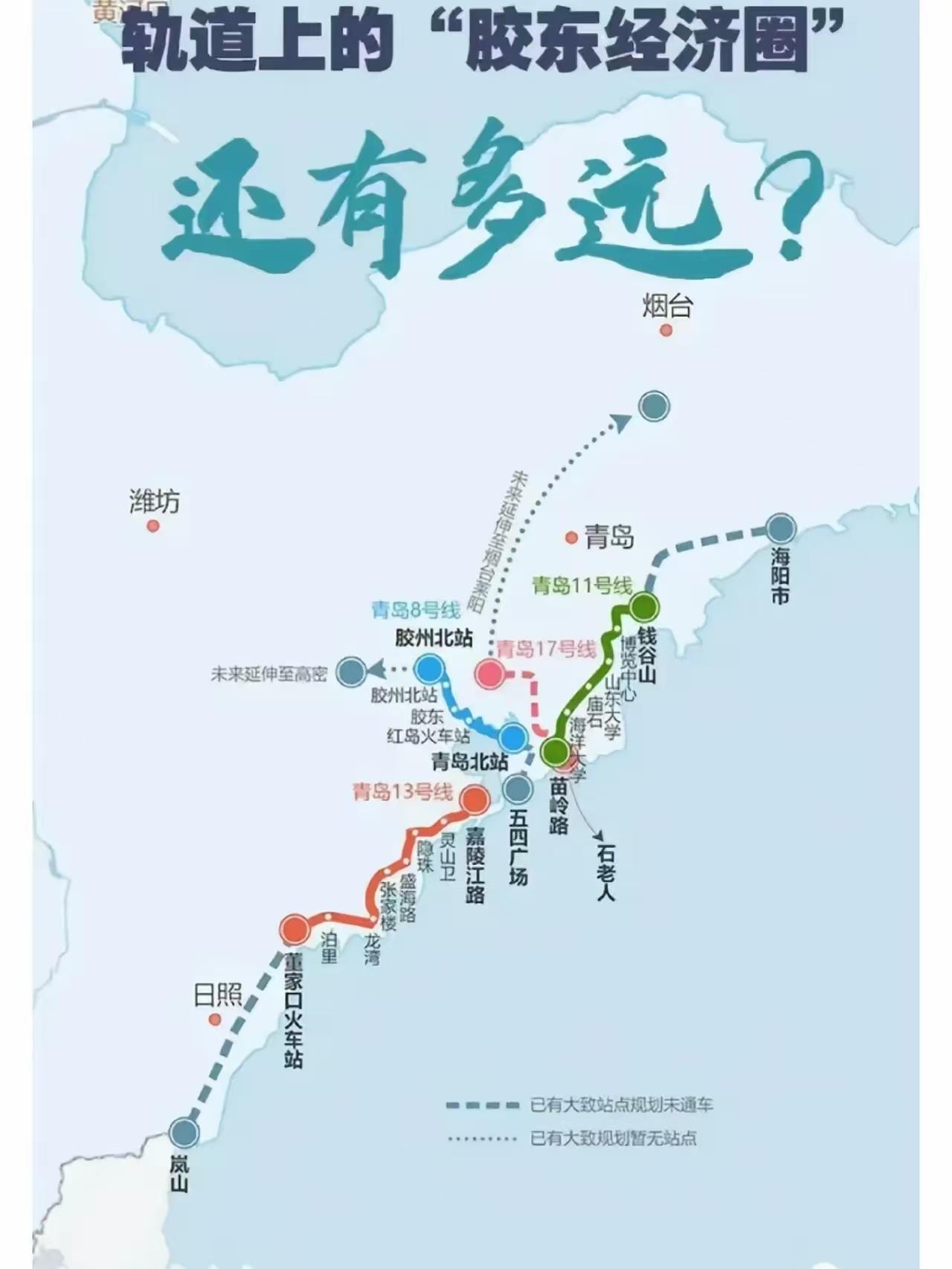 胶东经济圈的地体和轨道连接！其实青岛想发展连接烟台、潍坊、日照的轨道交通枢纽，实