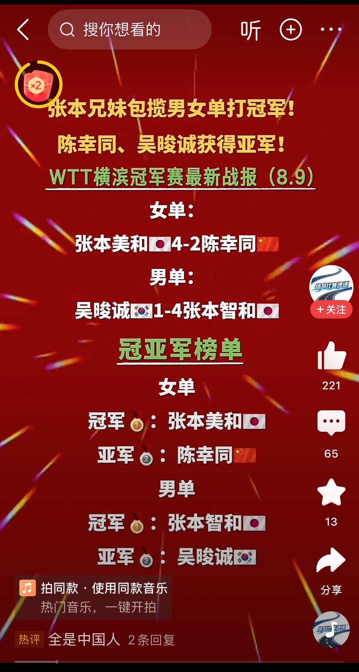 WTT横滨冠军赛，张本智和兄妹包揽冠军。
张本家就是一个乒乓球小作坊，能够抗衡大