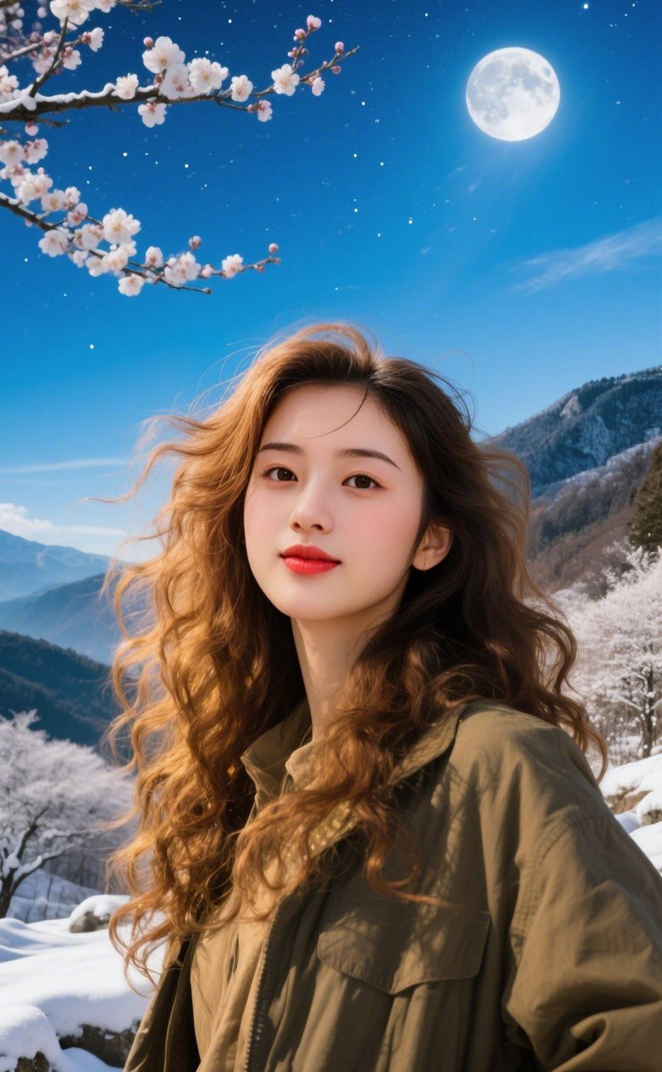 上联：褐衫立雪偎梅影
下联：卷发承光映月容