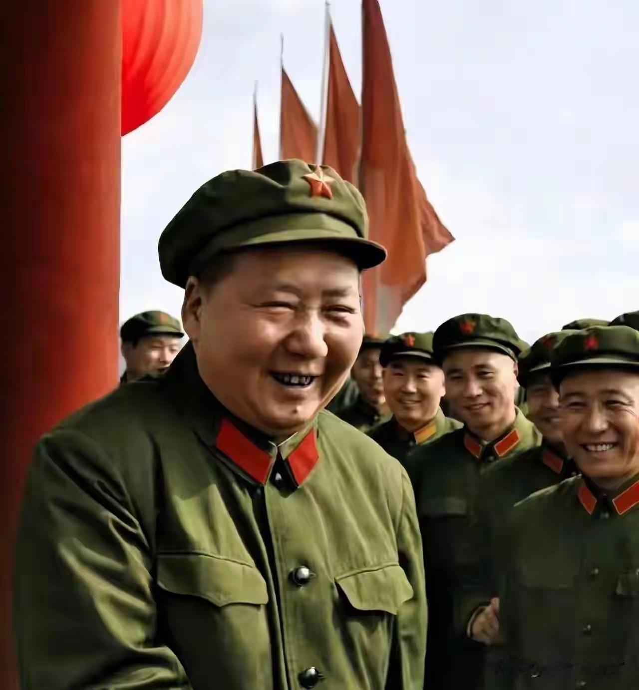 一身戎装，红星熠熠生辉。毛主席与军中将士欢聚一堂，笑容爽朗从容。红旗飘扬，初心滚