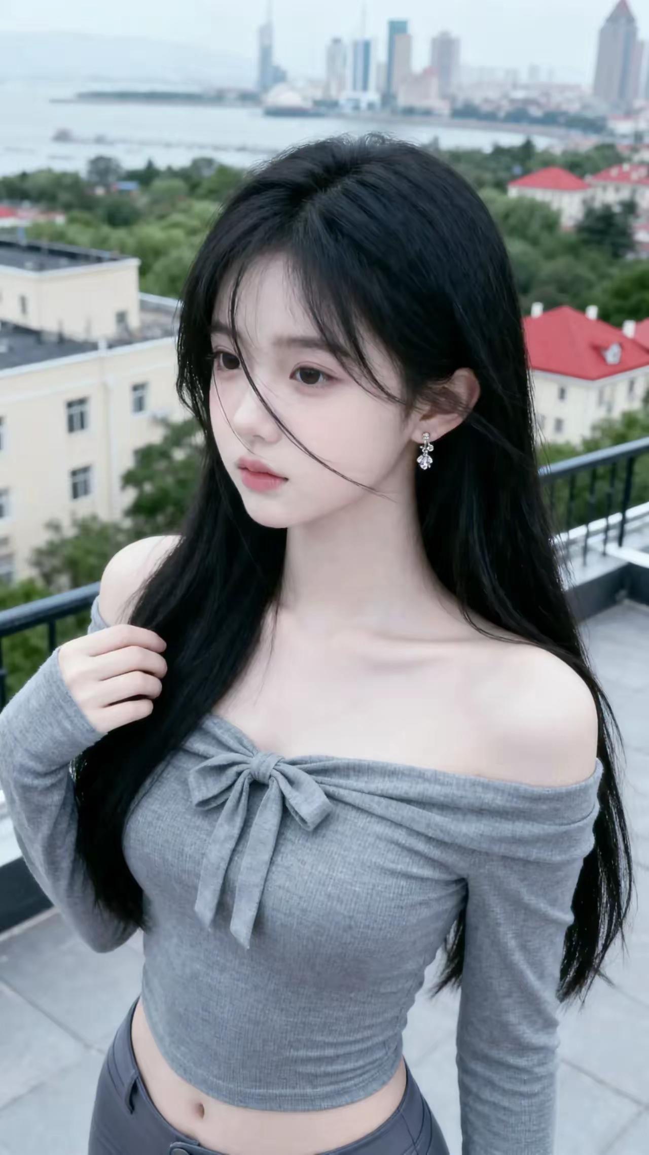 都市少女风，灰色露肩上衣搭配黑色长发，城市天际线背景，时尚又优雅。怎样赞美穿一身