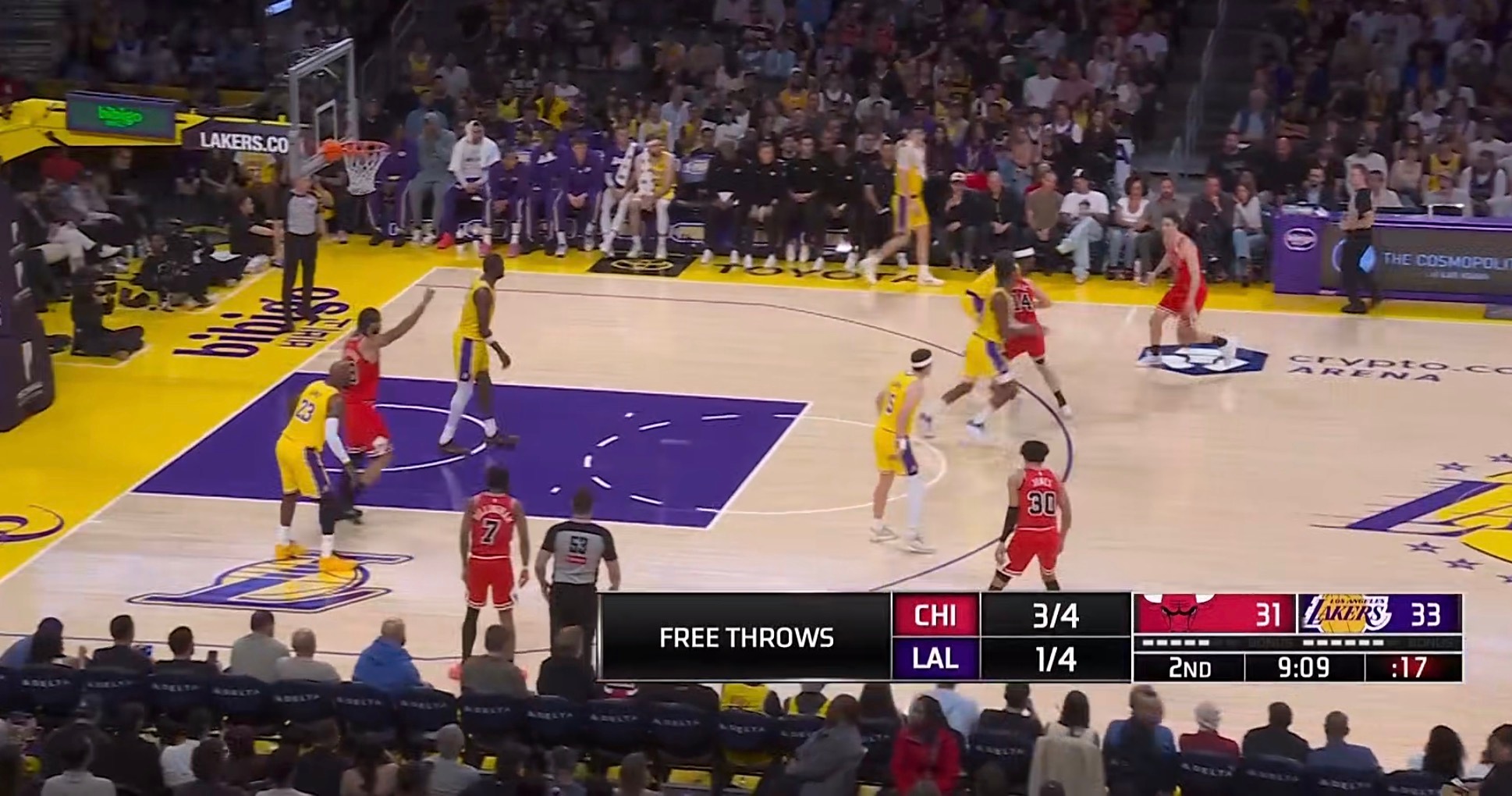 湖人公牛比赛正在进行中，目前湖人领先两分！免费看球地址：网页链接公牛vs湖人nb