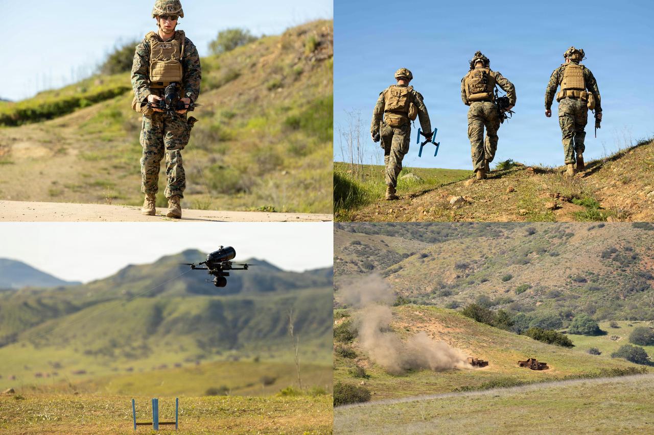 这是美国海军陆战队在加州彭德尔顿营训练光纤FPV无人机的画面，时间是2026年1