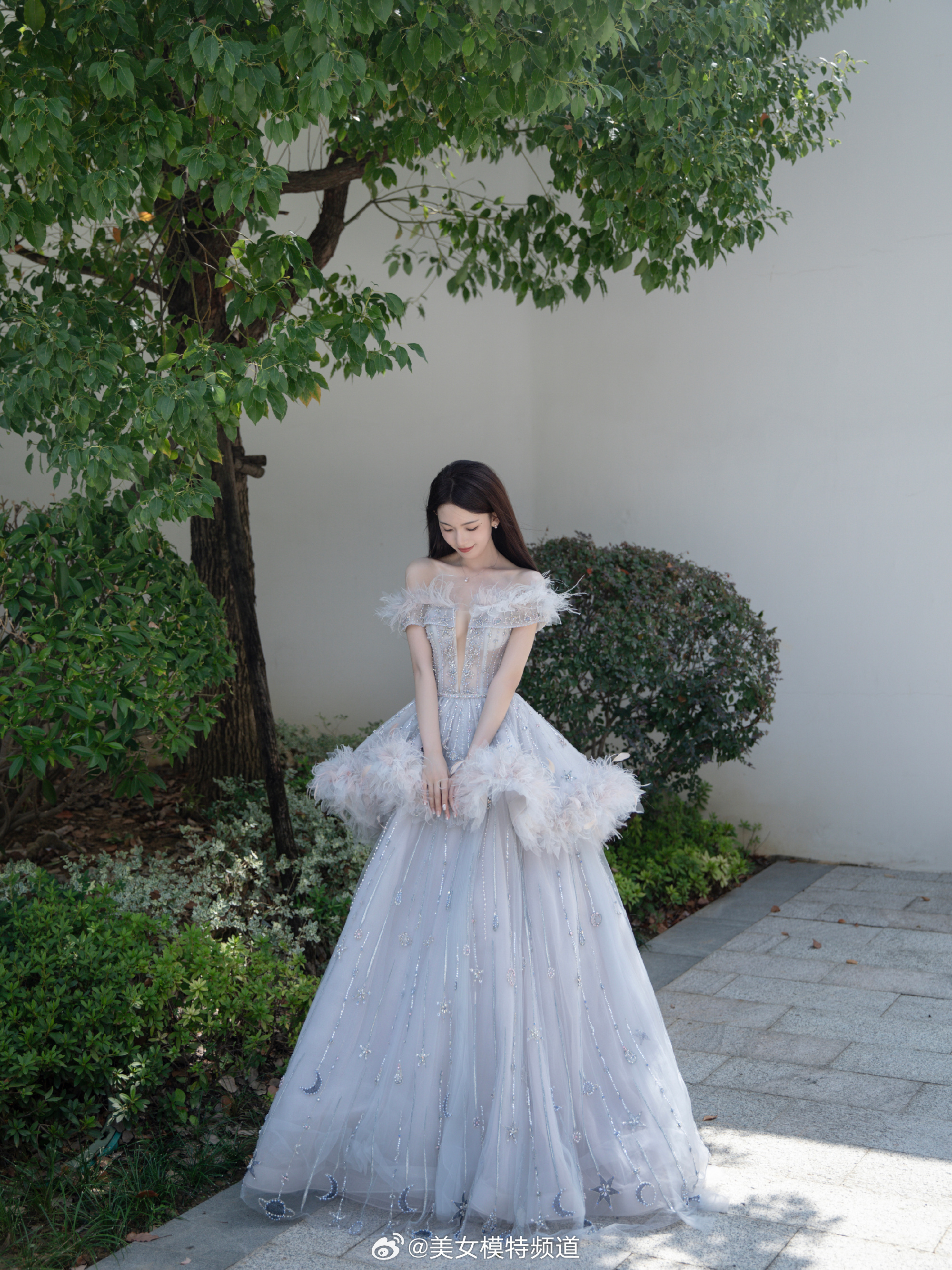 陈瑶幻纱星月羽毛裙造型大片 