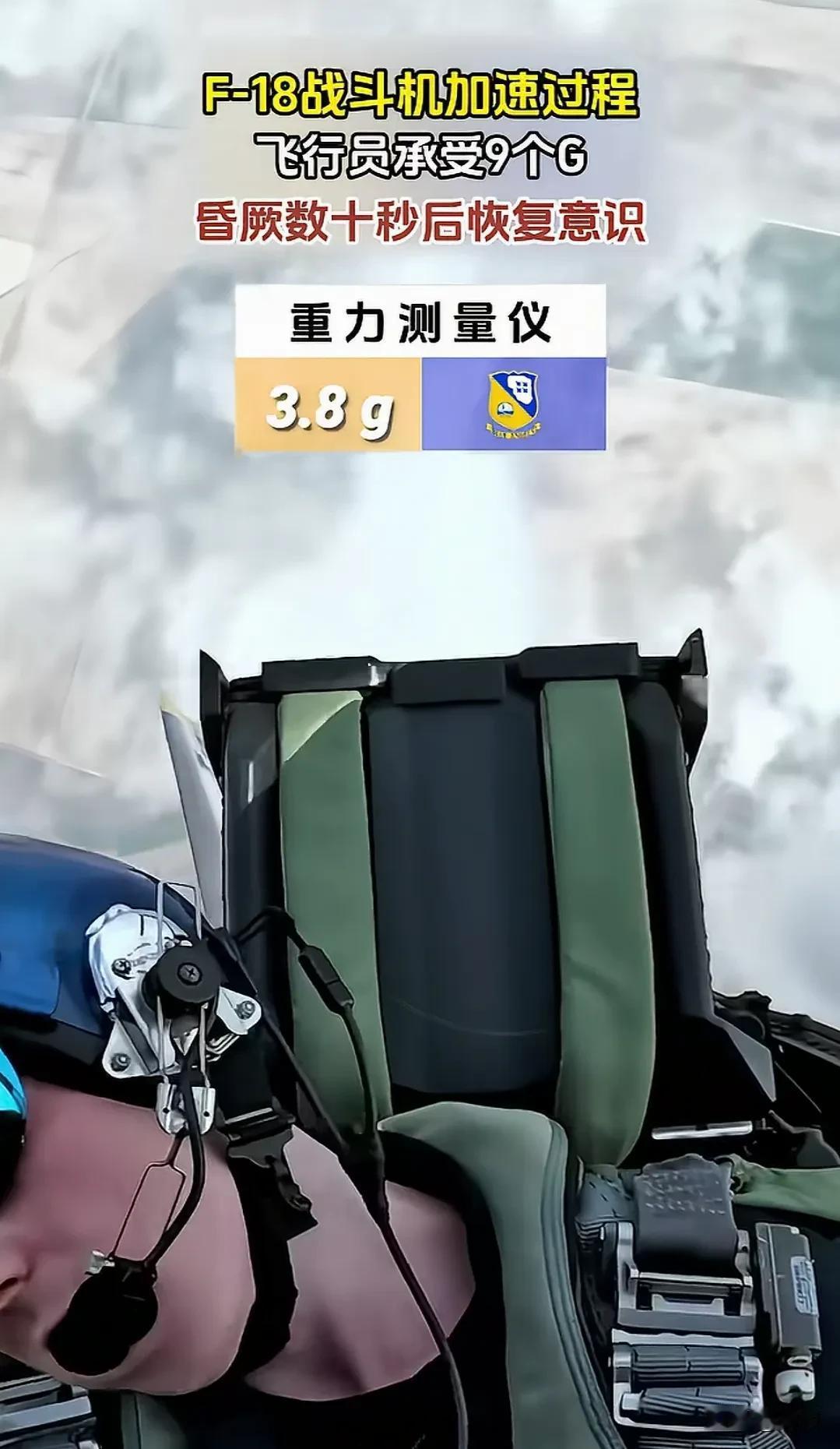 美国运动员乘坐F18大黄蜂战斗机体验9G加速度，结果刚超过7G就承受不住晕厥。所