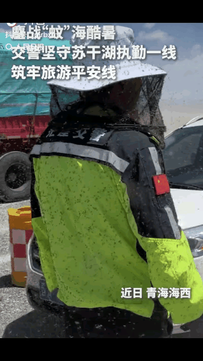 网友拍到几名交警在烈日下和蚊虫包围下执勤，40分钟内一动不动，只是偶尔抖动一下肩