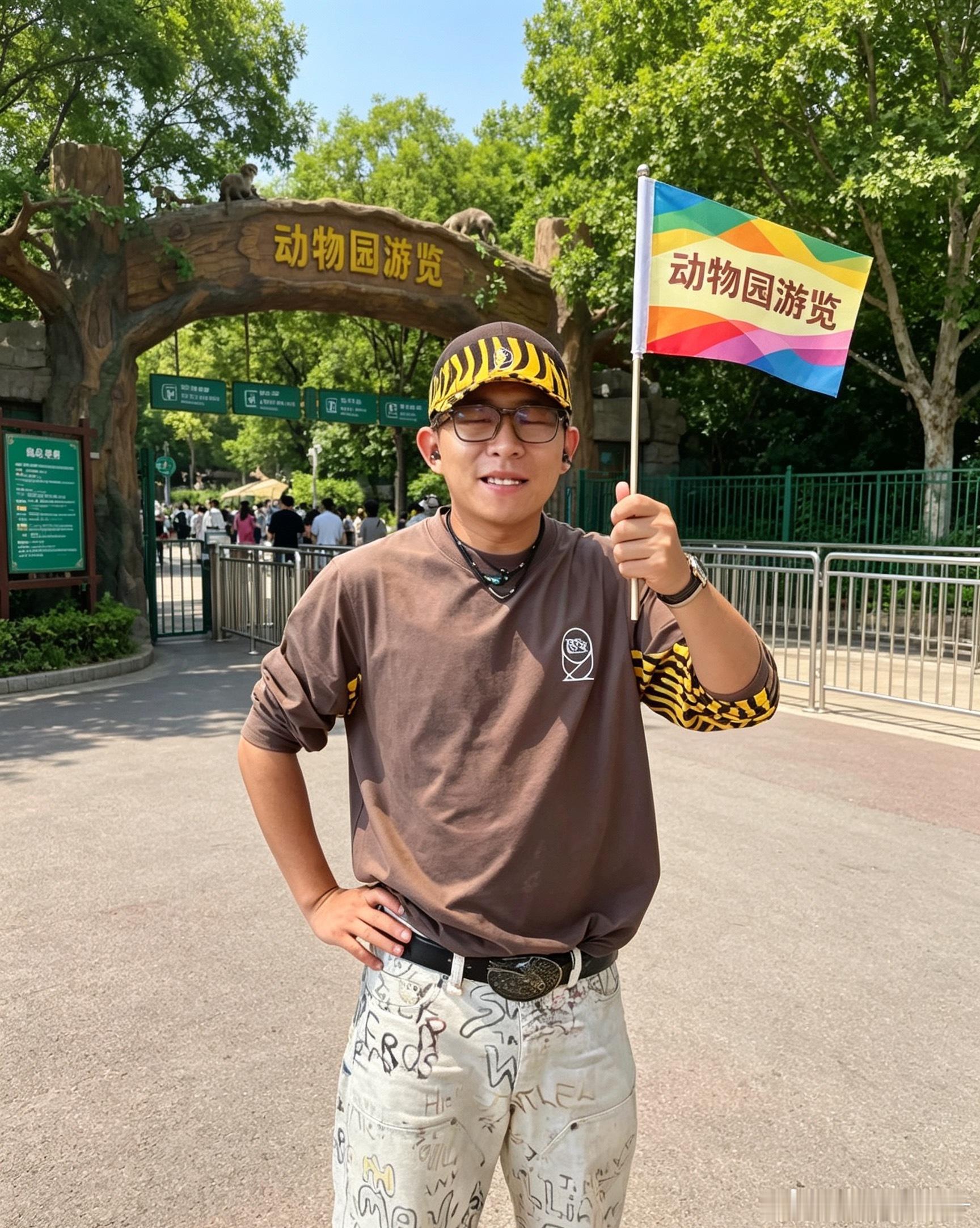 我的傻哥们，这一身穿搭，好像是动物园的讲解员。我给他匹配了一个动物的场景，一下子