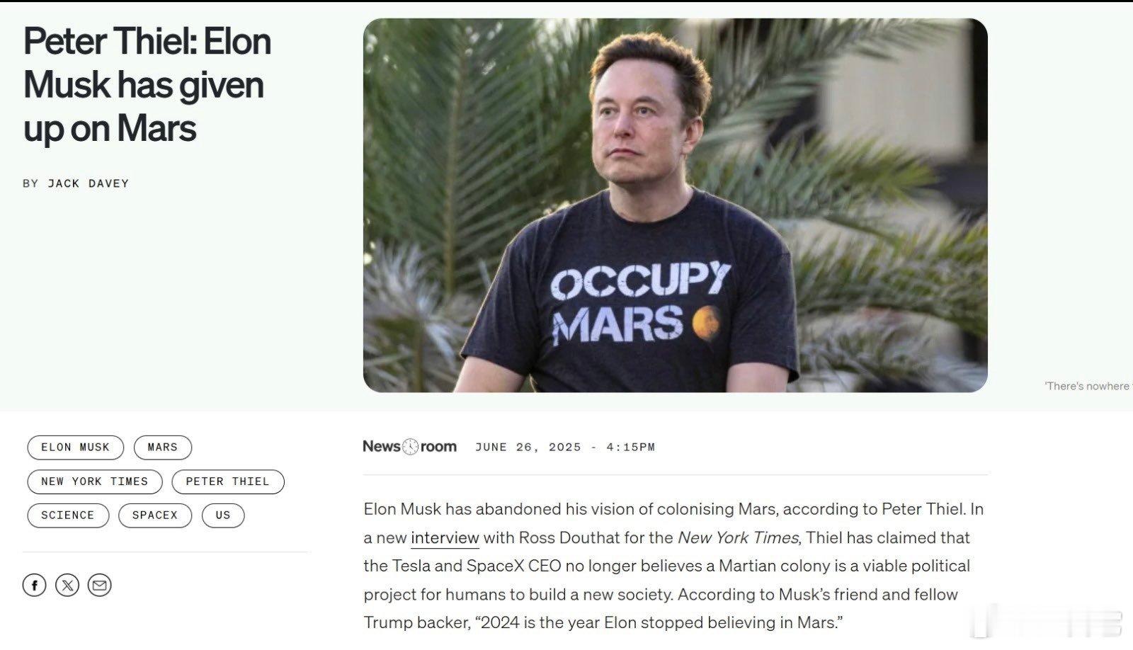 ❗️据硅谷投资人彼得·蒂尔（Peter Thiel）称，Elon Musk已经放