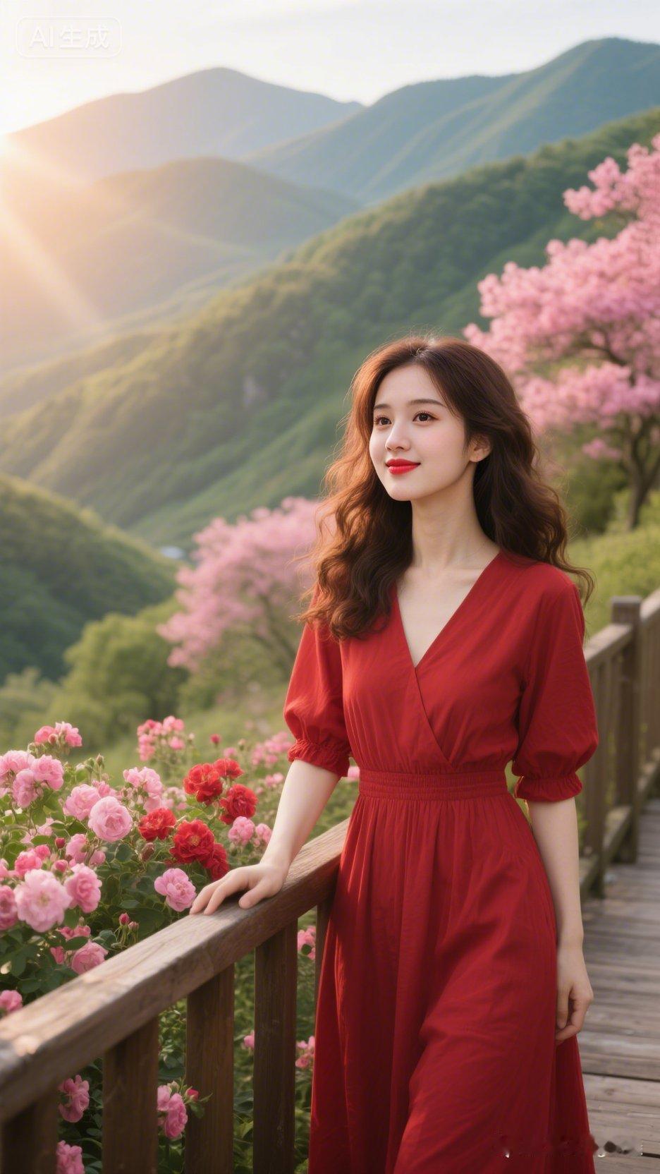 在山间木桥上，穿红裙的少女与粉花相映成趣，阳光洒满心间。