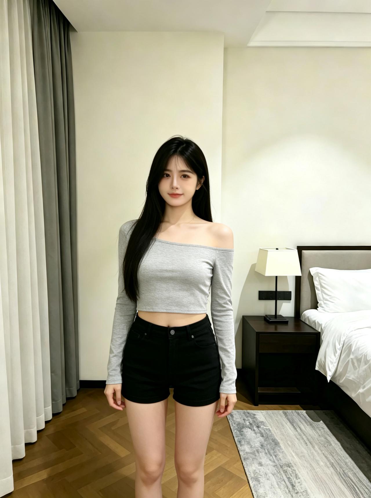 什么才是一个女人的魅力?
身穿灰色系的短款露肩长袖上衣，
下装搭配黑色高腰热裤，