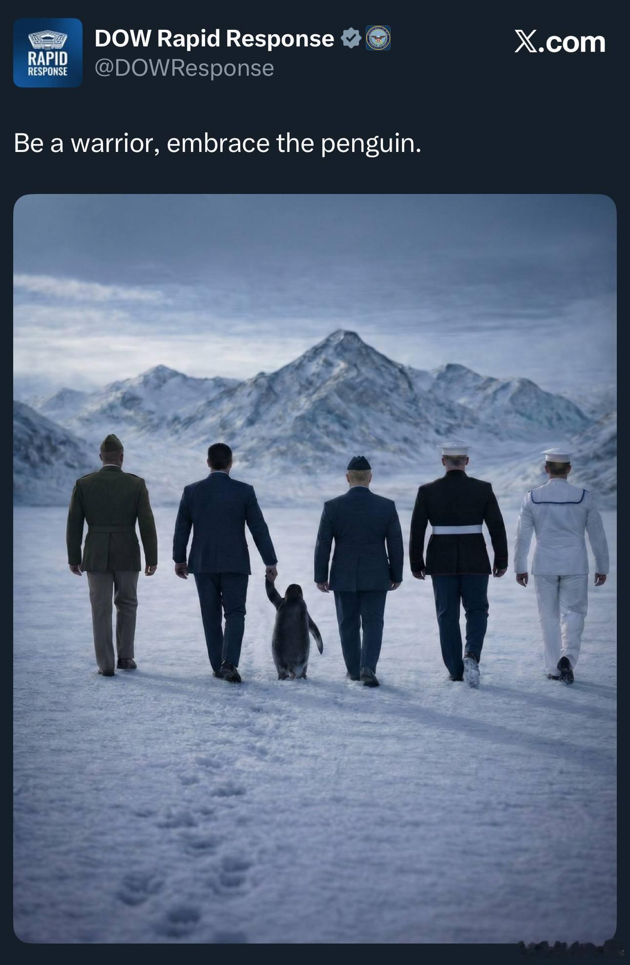 白宫晒特朗普格陵兰牵企鹅照翻车五角大楼无视众人的嘲笑，发了一张图表示要拥抱企鹅，