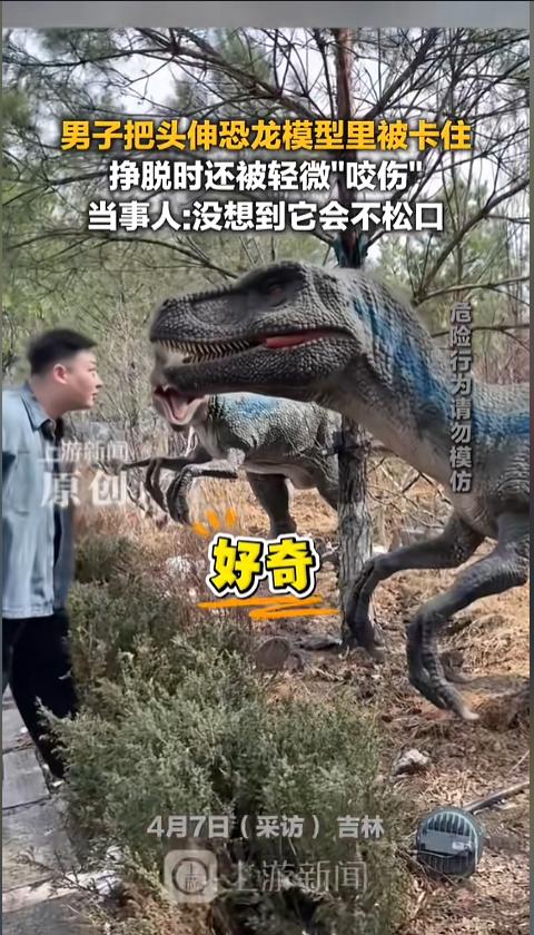 “好奇心害死猫！”近日，吉林，一男子游玩时发现，旁边的恐龙模型，嘴一张一合的，十