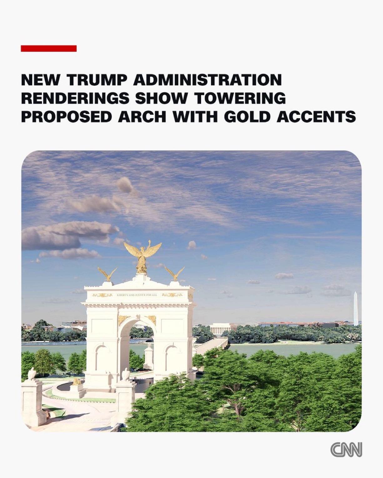 美国白宫于周五公布了阿灵顿国家公墓附近一座高耸、金色装饰的250英尺高的特朗普凯