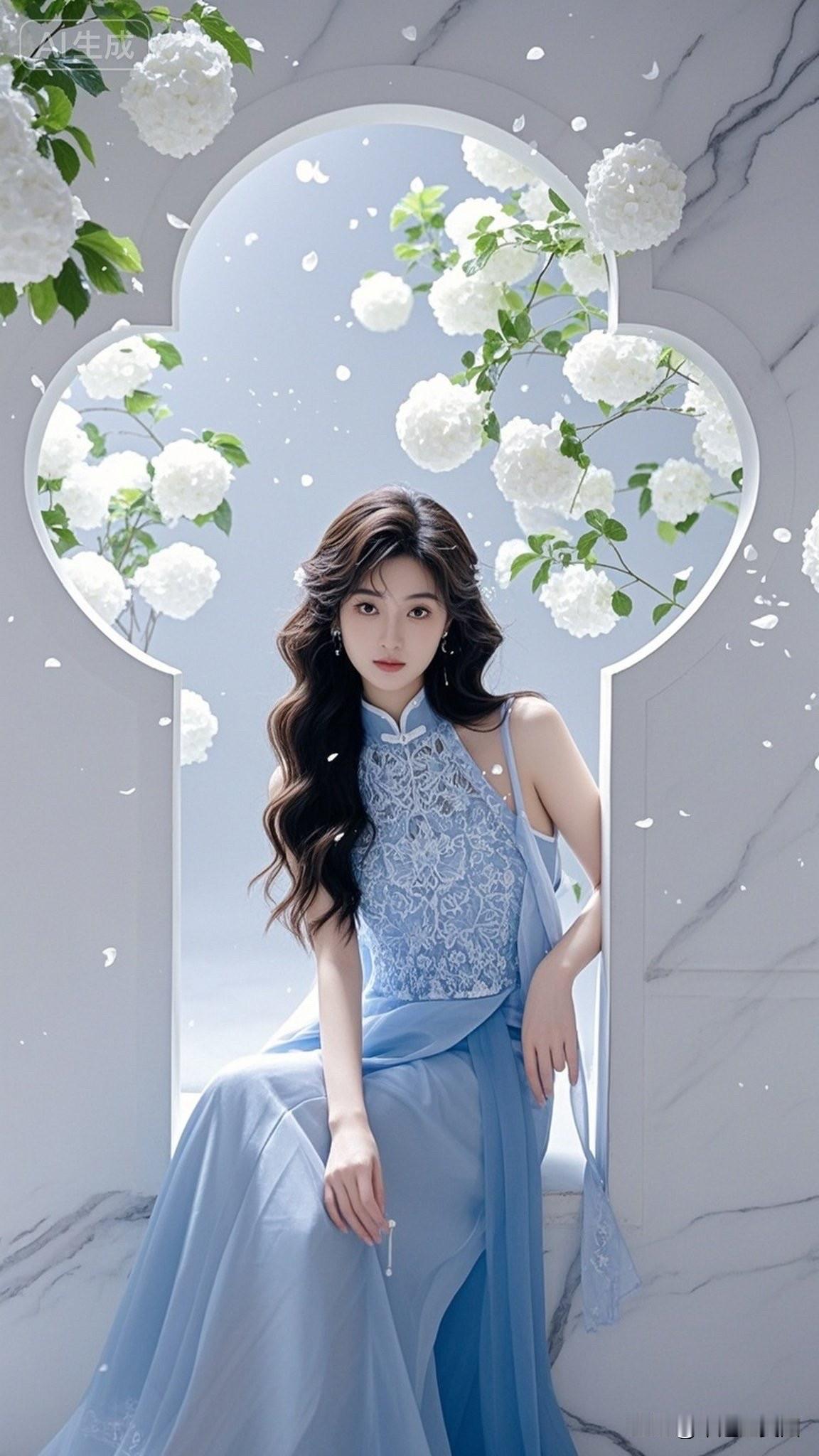 优雅的蓝裙少女，置身花海，静谧如梦