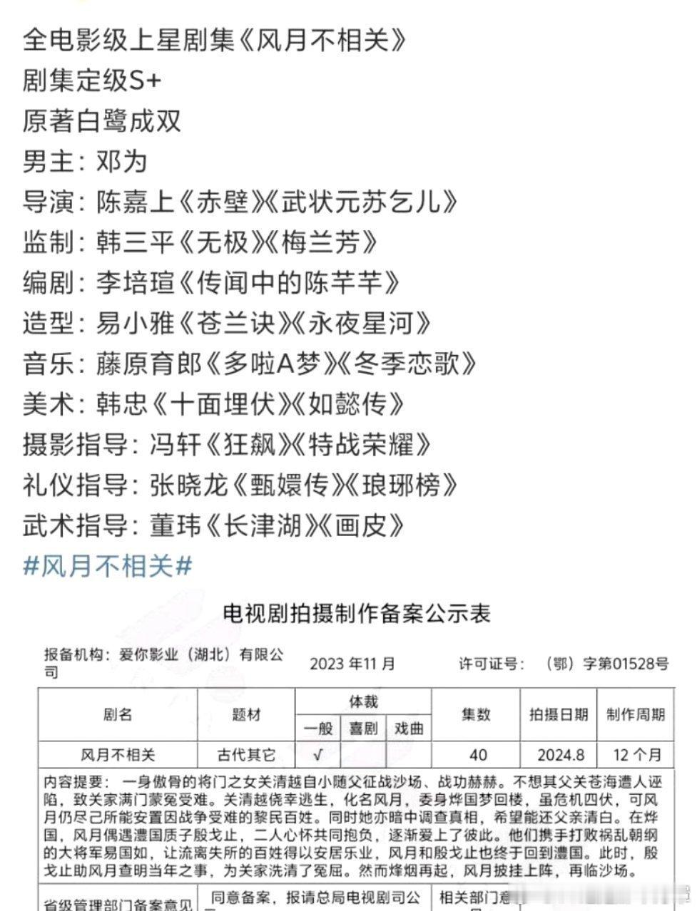 风月不相关 不拍了邓为这部其实班底挺好的，女主是李婉妲。是停拍还是直接弃项了呀？