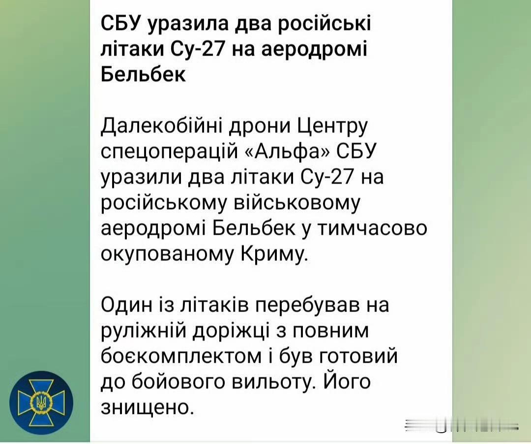 乌克兰安全局在别尔贝克机场击中两架俄罗斯苏-27战斗机

乌克兰国家安全局阿尔法