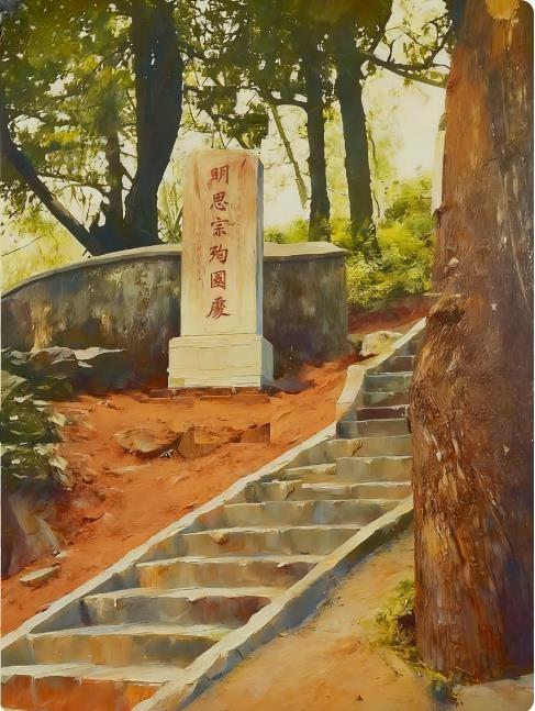 这张拍摄于1930年的照片，呈现出“明思宗殉国处”的石碑景象。石碑立在带有石阶的