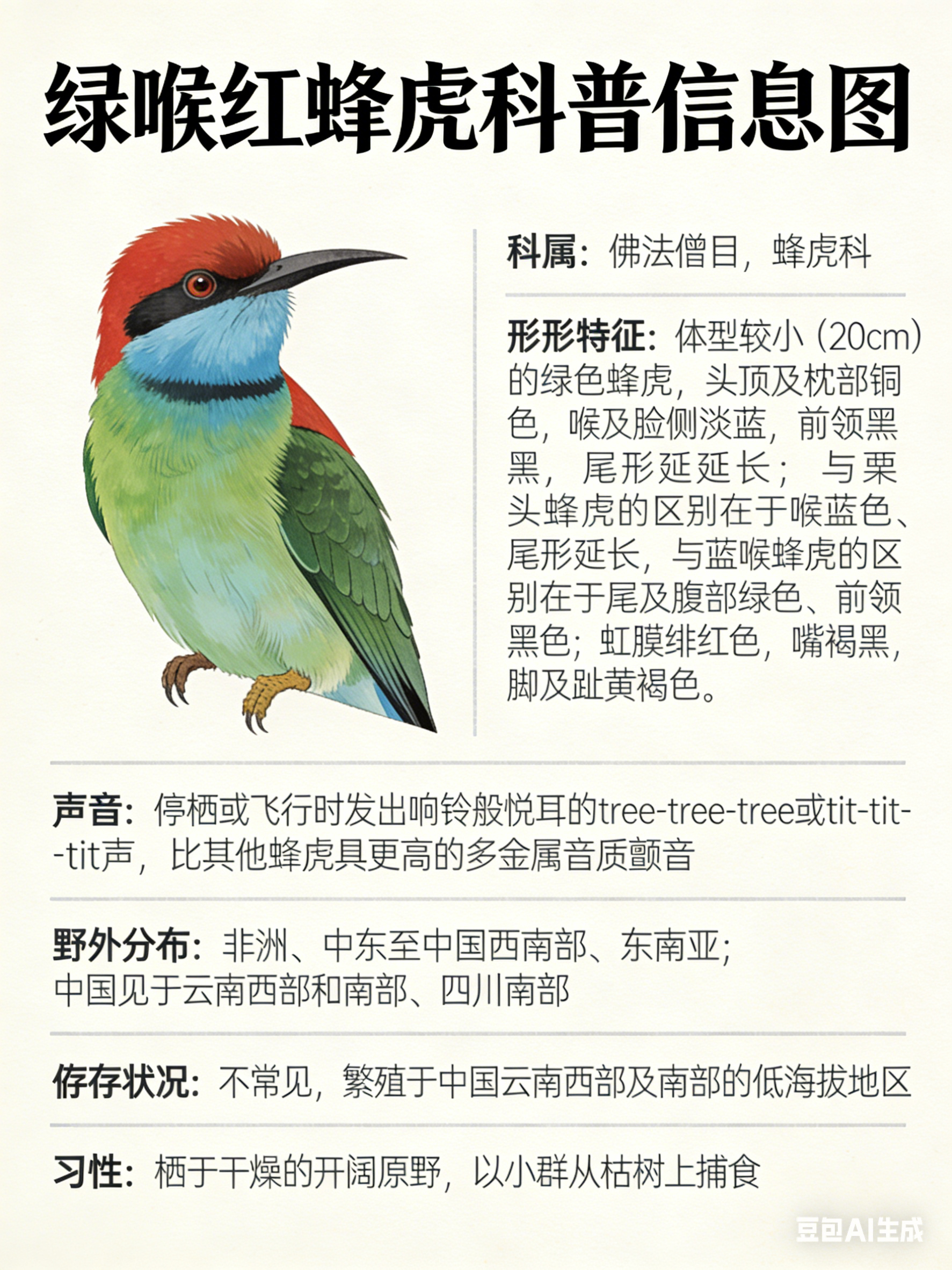 鸟类朋友图鉴 绿喉红蜂虎·科属：佛法僧目，蜂虎科。·外形特征：体型较小（20cm