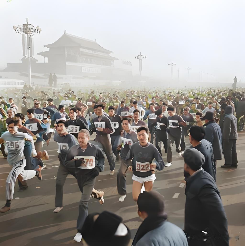 1960年1月30日，凛冽寒风中，北京春节环城赛跑在天安门广场鸣枪开跑。作为“三