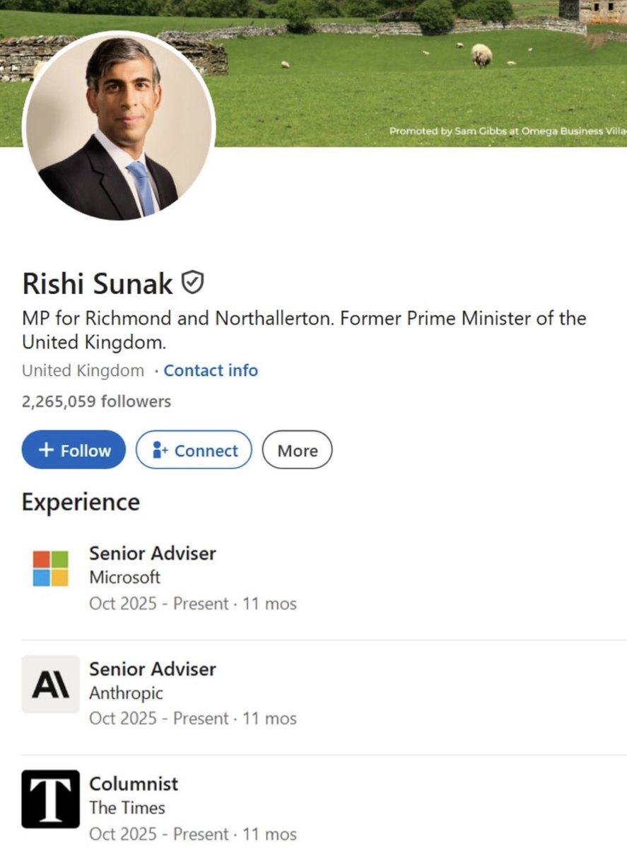 里希·苏纳克将其领英（LinkedIn）职位从“英国前首相”更新为微软和 Ant