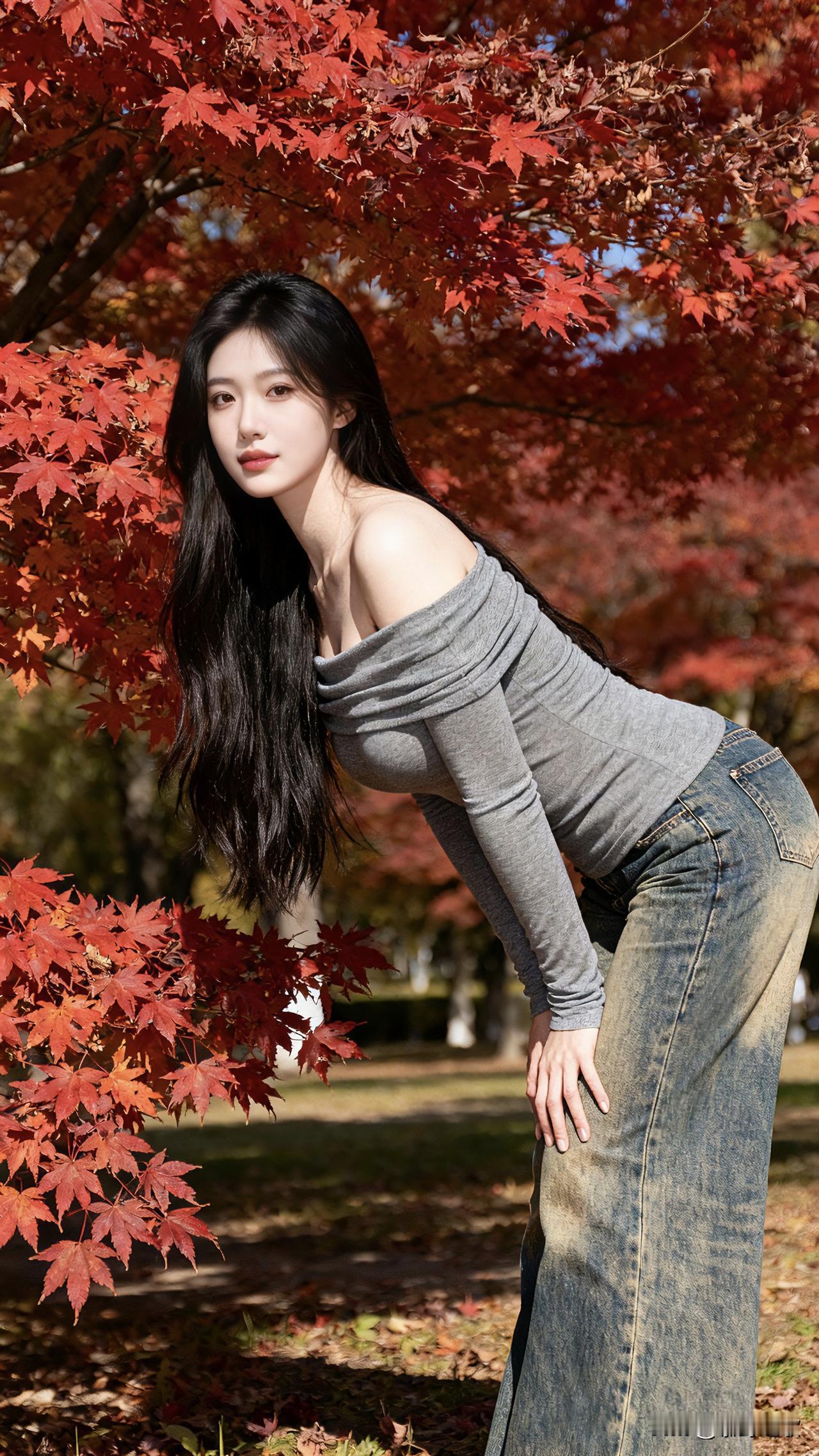 《枫叶林下穿“露肩衫”，秋天的松弛感穿搭原来这么拍》
 
多数人觉得秋天拍照要裹