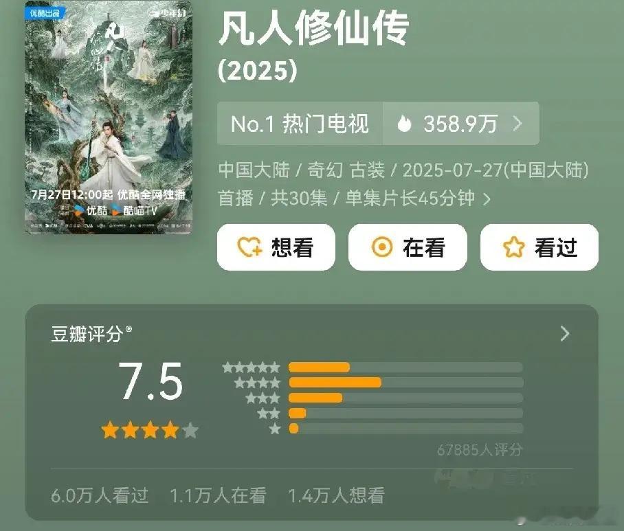 《凡人修仙传》评分7.5，这个分数肯定是不低的，全员高颜值。打戏是近几年仙侠剧的
