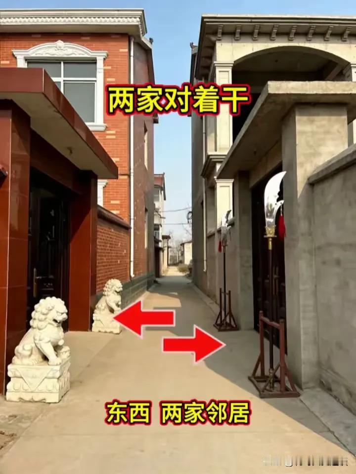 两家作为邻居这么对着干不利于睦邻友好。都说远亲不如近邻，你看看这两家，门对门，就