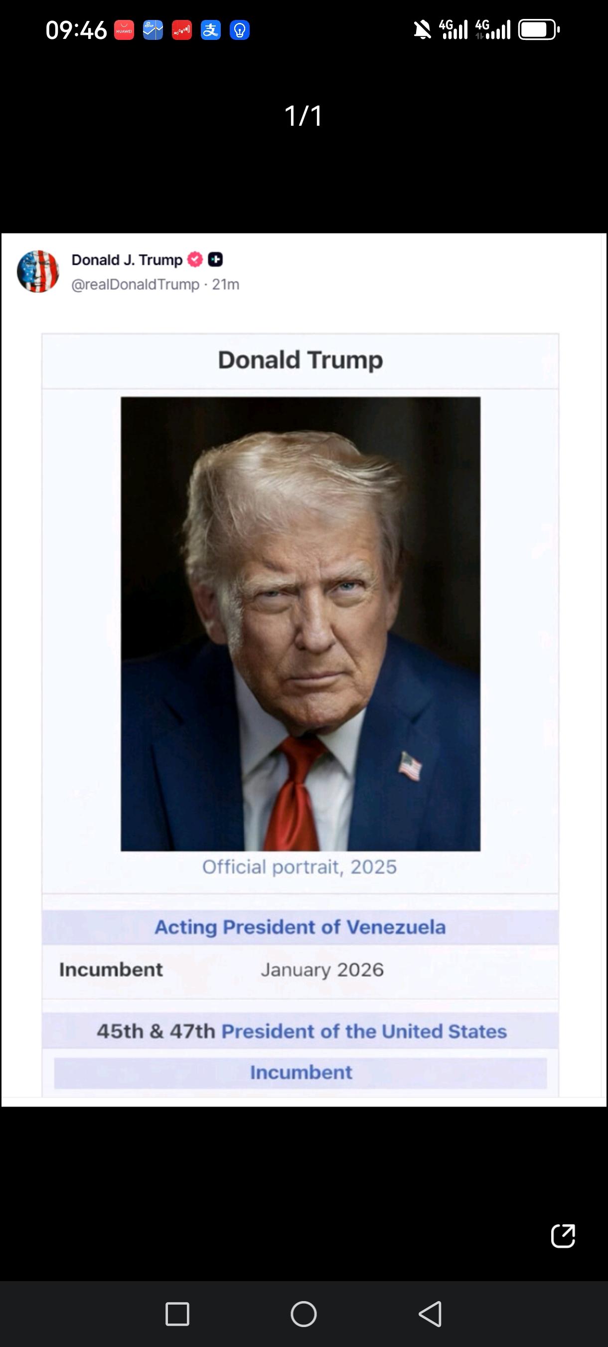特朗普在社交媒体上发布自己作为委内瑞拉代理总统的照片。特朗普称他正在与伊朗反对派